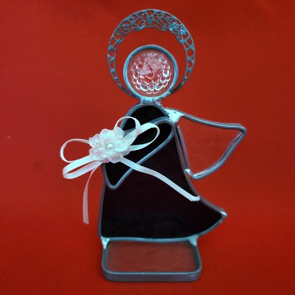 Vintage Stained Glass Free Standing Angel Holding a Flower Blue Suncatcher Pewte - Picture 1 of 12